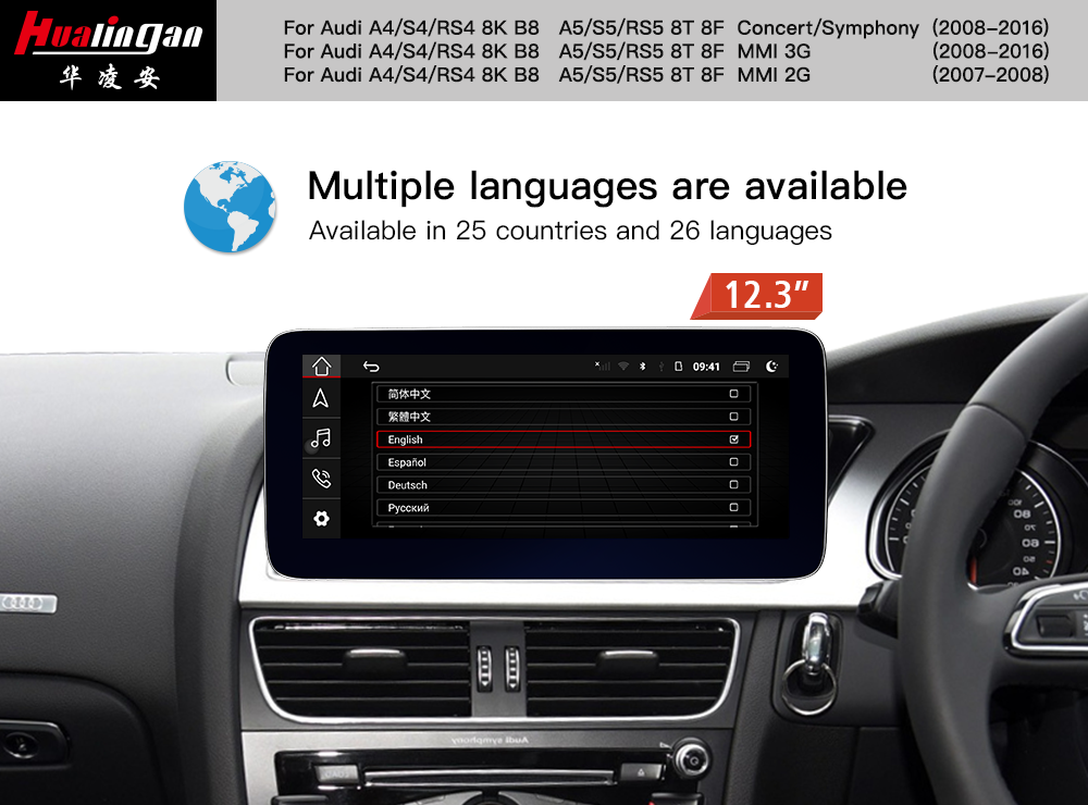 10.25” Touchscreen for Audi A5/ S5/ RS5 8T RHD Mmi 2g Multimedia Navigation Upgrade Bluetooth Apple Carplay Fullscreen Android Mirroring 4G Youtube TikTok