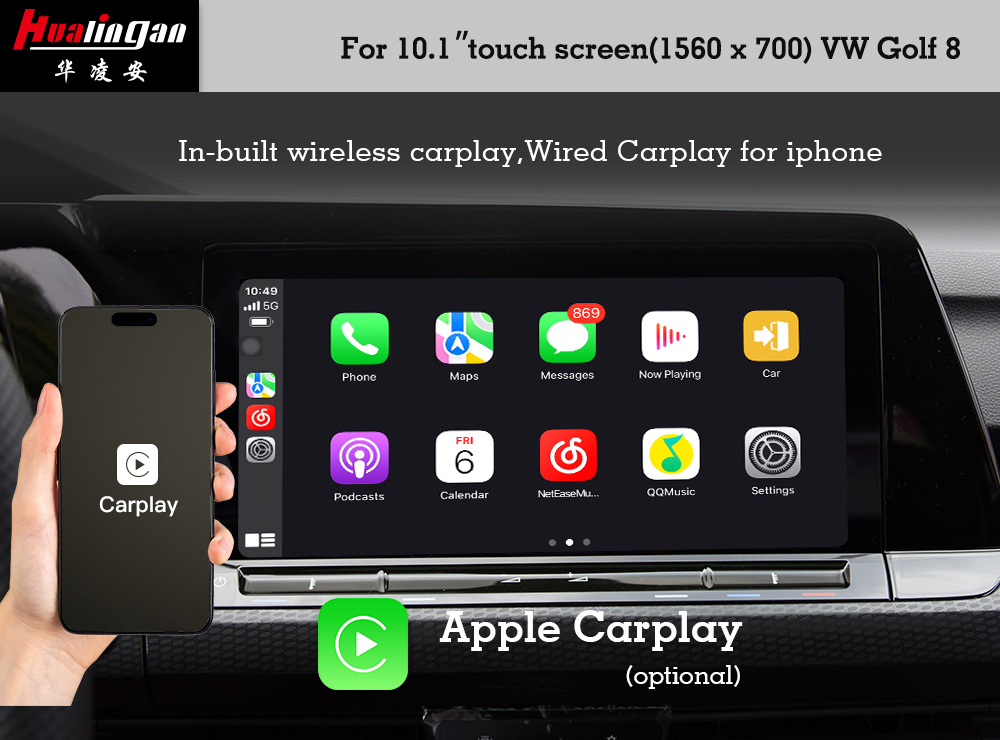 Hualingan VW Golf 8 Apple CarPlay Wireless Android Auto 10.1”1560*700 Touch Screen Upgrade Full Screen Mirror Android 12 Wifi Navi Google Maps Rear Camera Multimedia Video Box 