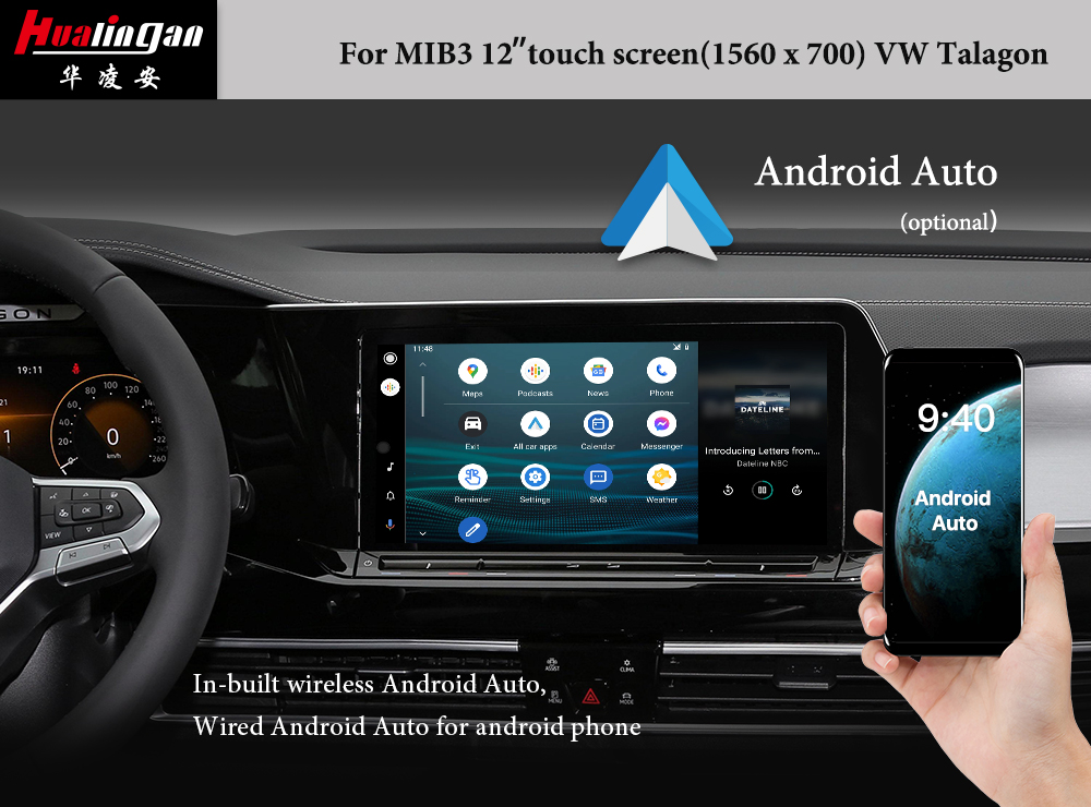 Hualingan VW Talagon Apple CarPlay Wireless Android Auto 12”1560*700 Touch Screen Upgrade Full Screen Mirror Android 12 Wifi Video Navi Google Maps Wireless CarPlay Adapter