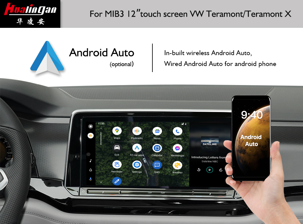 Hualingan VW Teramont X Apple CarPlay Wireless Android Auto App 12”1560*700 Touch Screen Upgrade Full Screen Mirror Android 12 Wifi Video Navi Google Maps Wireless CarPlay Adapter