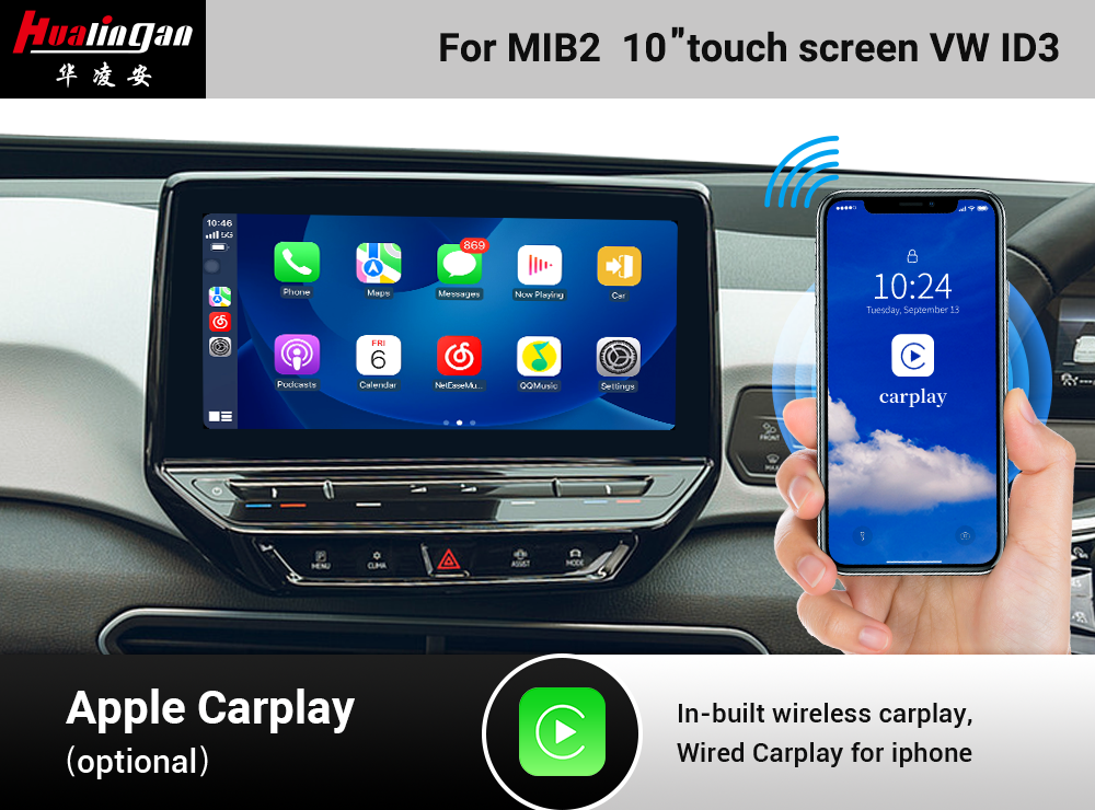 Hualingan Volkswagen ID.3 Apple CarPlay Wireless Android Auto App 10.1”1560*700 Touch Screen Upgrade Full Screen Mirror Android 12 Wifi Video Google Maps Rear Camera Car Play 