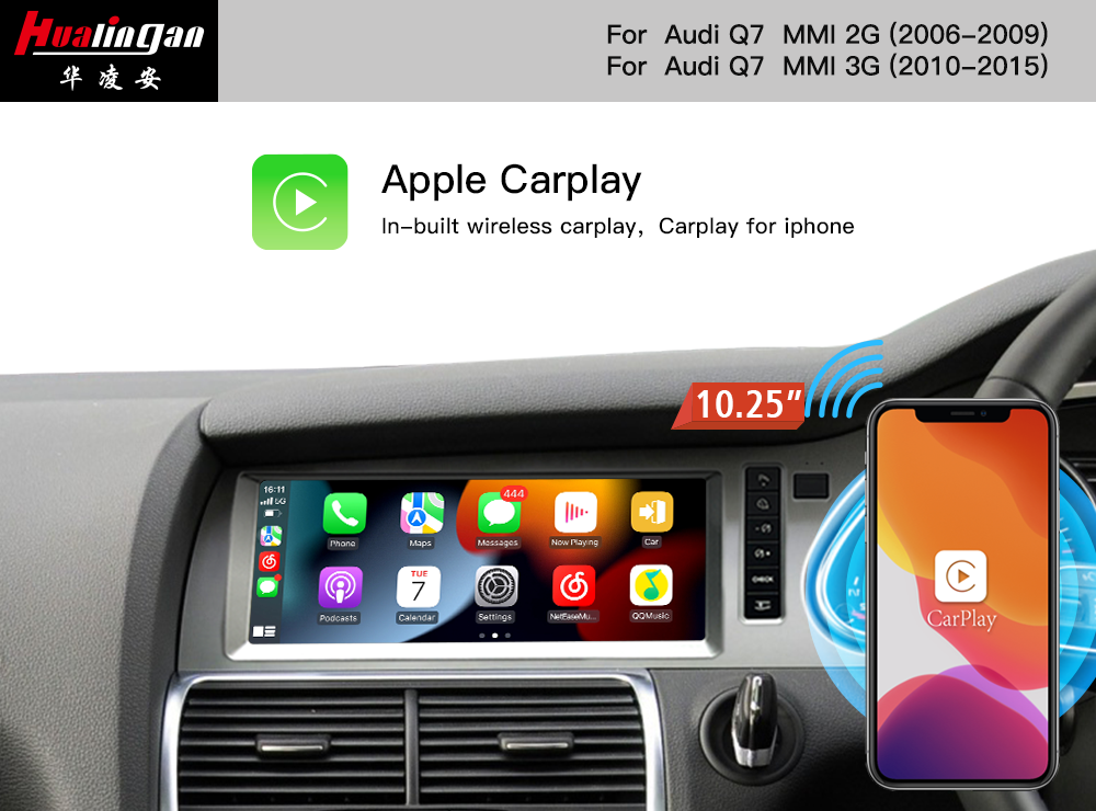 Hualingan 10.25 Android Screen Audi Q7 4L RHD Multimedia Upgrade wireless Apple CarPlay Fullscreen Audroid Auto Mirror Android 12 GPS Naigation Rear Camera Wifi 4G Video