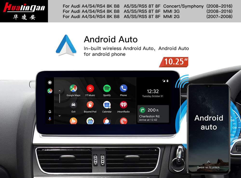  for Audi A5/ S5/ RS5 8T (RHD) Concert Symphony 10.25”Touchscreen Android 12 USB GPS Navigation Apple Carplay Car Dash Camera Facebook aftermarket stereo 
