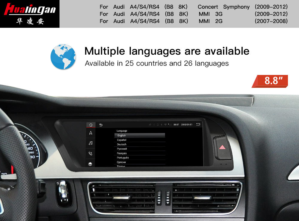 8.8”Touchscreen Aftermarket Audi A4 S4 RS4 LHD B8 Mmi 3G GPS Navgation Carplay Android Fullscreen Android Mirroring Audi Multimedia DAB+ Obd2 Scanner