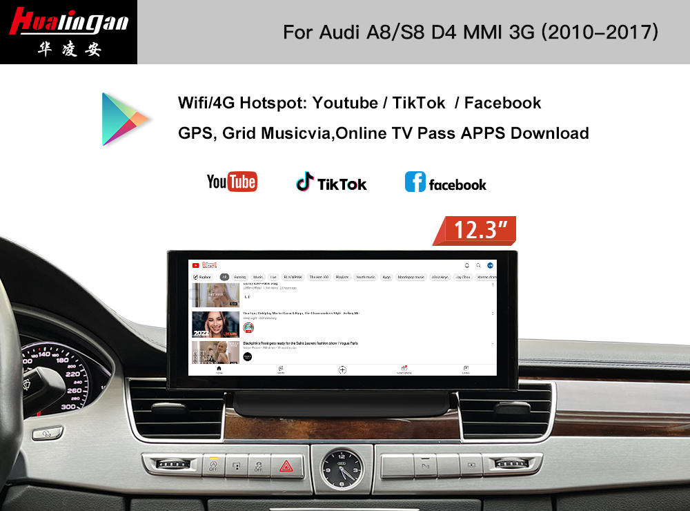 12.3"Blu-ray Touchscreen for Audi A8 S8 D4 MMI 3G Apple Caplay Fullscreen Android Mirroring GPS Navigation 4G Video In Motion Twitter DAB+ Obd2 Scanner 